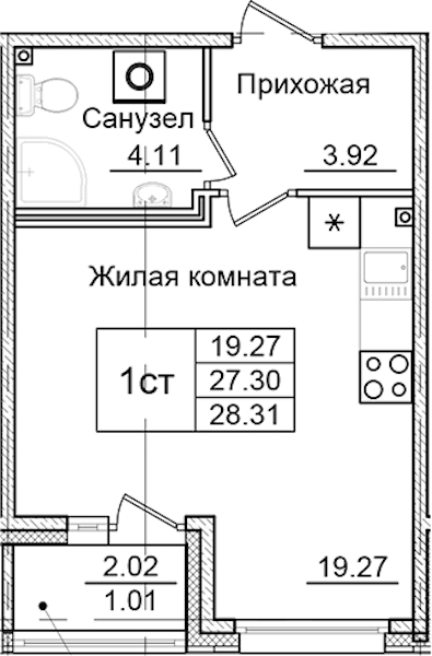 Квартира студия 28.31 м², 1/9 эт., ЖК «Квартал Заречье»